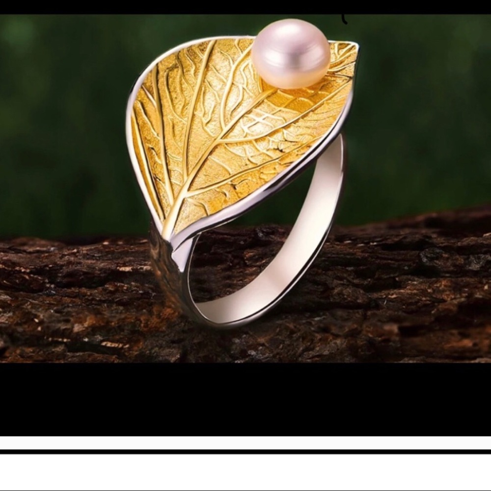 925 sterling silver ring and 14k gold leaf